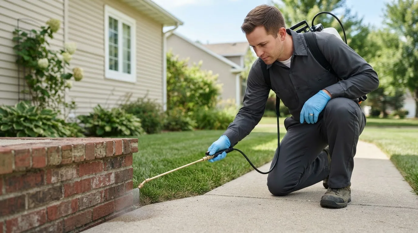 Pest control technician treating a home near Hull, TX