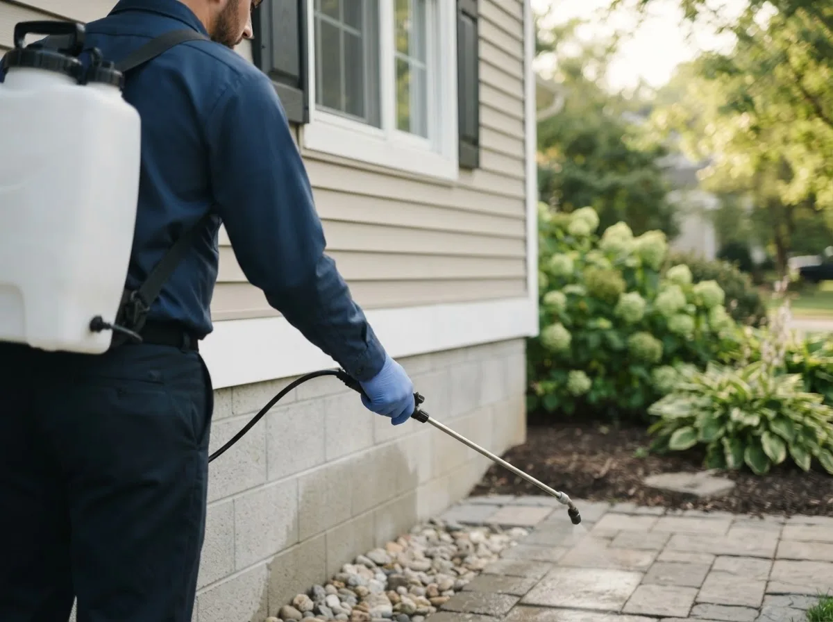 Pest control technician inspecting a home in Hull, TX